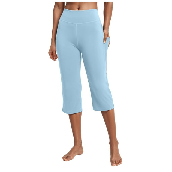 felwors Womens Yoga Capri Pants High Waist Capri Leggings with Pockets Wide Leg Crop Exercise Workout Summer Pants Light Blue, M