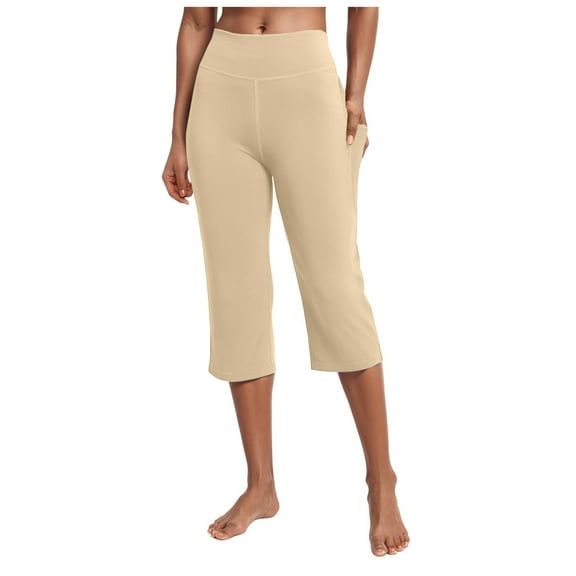 felwors Womens Yoga Capri Pants High Waist Capri Leggings with Pockets Wide Leg Crop Exercise Workout Summer Pants Light Yellow, XL