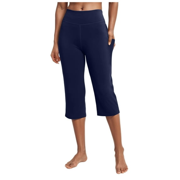 felwors Womens Yoga Capri Pants High Waist Capri Leggings with Pockets Wide Leg Crop Exercise Workout Summer Pants Navy, XXXL
