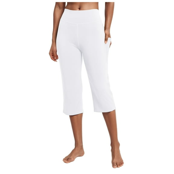 felwors Womens Yoga Capri Pants High Waist Capri Leggings with Pockets Wide Leg Crop Exercise Workout Summer Pants White, S