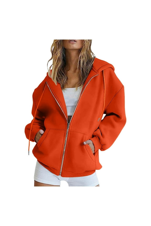 Womens Zip Up Hoodies Long Sleeve Oversized Sweatshirts Fleece Y2K Jacket Pockets 2025 Fall Outfits Fashion Clothes Orange, L