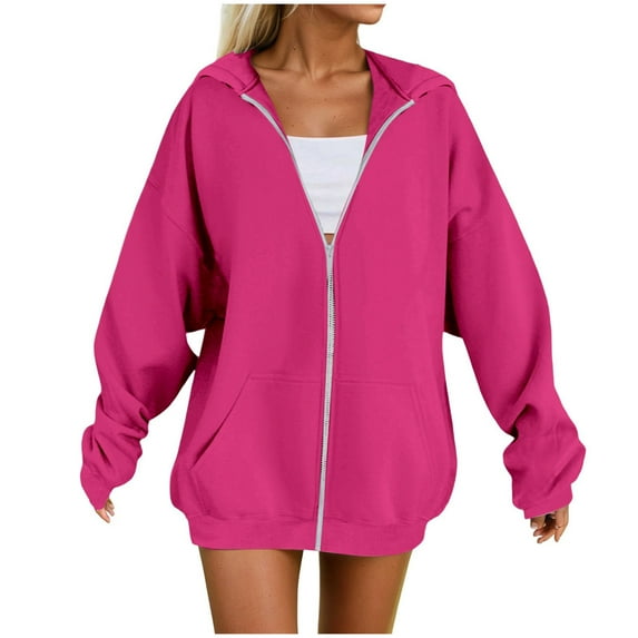 felwors Womens Zip Up Hoodies Plus Size Long Sleeve Hooded Sweatshirts Fall Winter Casual Fashion Jacket with Pockets Hot Pink, XXXXL
