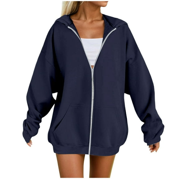 felwors Womens Zip Up Hoodies Plus Size Long Sleeve Hooded Sweatshirts Fall Winter Casual Fashion Jacket with Pockets Navy, L