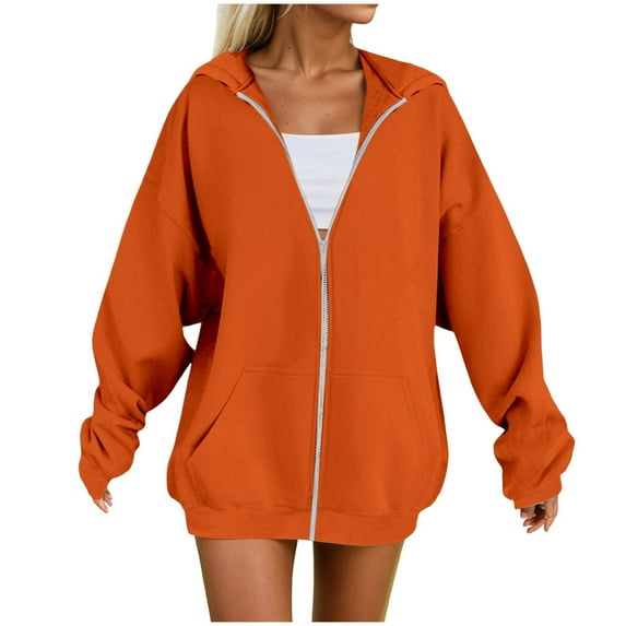 felwors Womens Zip Up Hoodies Plus Size Long Sleeve Hooded Sweatshirts Fall Winter Casual Fashion Jacket with Pockets Orange, L