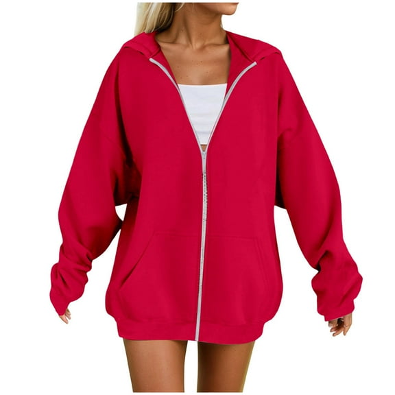 felwors Womens Zip Up Hoodies Plus Size Long Sleeve Hooded Sweatshirts Fall Winter Casual Fashion Jacket with Pockets Red, M