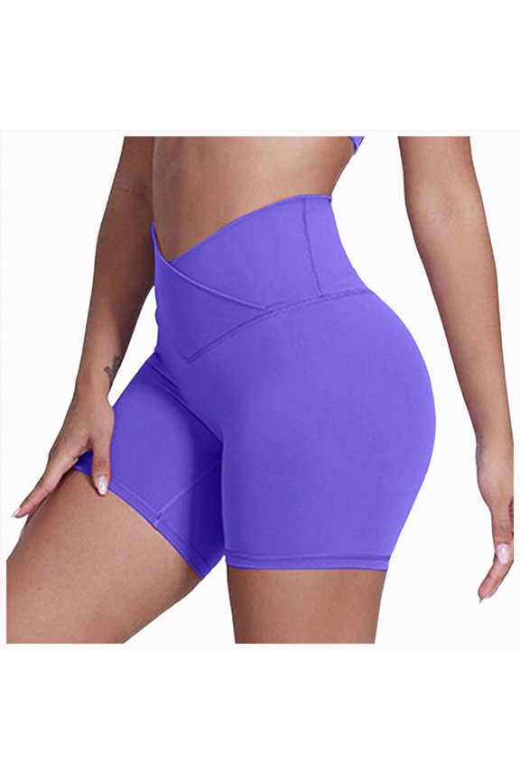 Workout Biker Shorts Women Cross-Waist Crossover High Waisted Tummy Control Athletic Running Yoga Short 6" (Dark Purple, S)