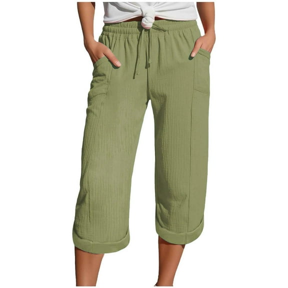 felwors Yoga Capris with Pockets for Women Wide Leg Cotton Linen Pants Casual Loose Comfy Trendy Elastic Waist Cropped Trouser (Green, M)