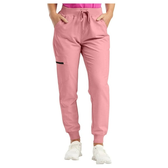 felwors Yoga Scrub Pants Women High Waist Loose Summer Lightweight Pants Workout Cargo Jogger Scrubs with Zipper Pockets Pink, XL