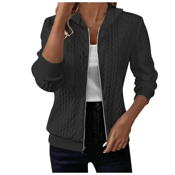 felwors Zip Up Cardigan Sweater for Women Cable Knit Hoodie Long Sleeve Jacket Oversized Outwear Drawstring Sweatshirts Black, L