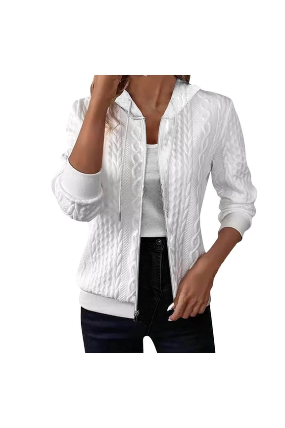 Zip Up Cardigan Sweater for Women Cable Knit Hoodie Long Sleeve Jacket Oversized Outwear Drawstring Sweatshirts White, XXL