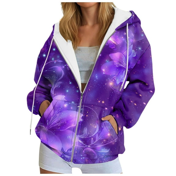 felwors Zip Up Hoodie Women Butterfly Graphic Hoodies Long Sleeve Oversized Y2K Sweatshirts Cute jackets Plus Size for Girls Dark Purple, L