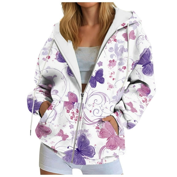 felwors Zip Up Hoodie Women Butterfly Graphic Hoodies Long Sleeve Oversized Y2K Sweatshirts Cute jackets Plus Size for Girls Light Purple, XXXL