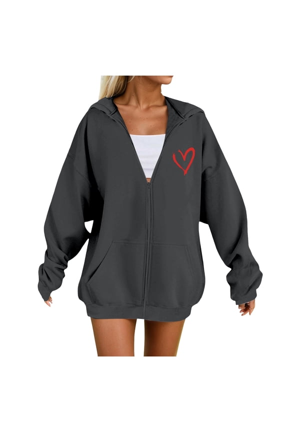 d Women's Plus Size Zip-Up Hoodie - Long Sleeve Hooded Sweatshirt with Heart Print & Pockets, Casual Fashion for Fall Winter Grey, XXXL