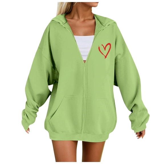 felworsd Women's Plus Size Zip-Up Hoodie - Long Sleeve Hooded Sweatshirt with Heart Print & Pockets, Casual Fashion for Fall Winter Light Green, XXL