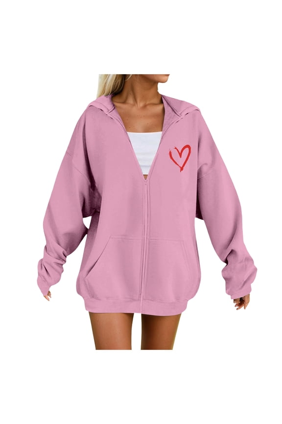Women's Plus Size Zip-Up Hoodie - Long Sleeve Hooded Sweatshirt with Heart Print & Pockets, Casual Fashion for Fall Winter Pink, XXL