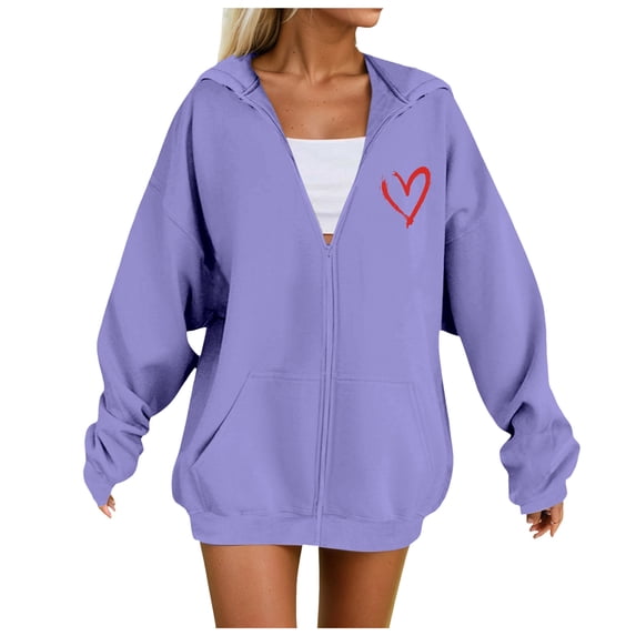 felworsd Women's Plus Size Zip-Up Hoodie - Long Sleeve Hooded Sweatshirt with Heart Print & Pockets, Casual Fashion for Fall Winter Purple, XXXL