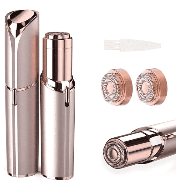 A female facial shaver suitable for peach velvet upper lip and chin, with a battery powered female facial hair removal device with 2 replacement heads