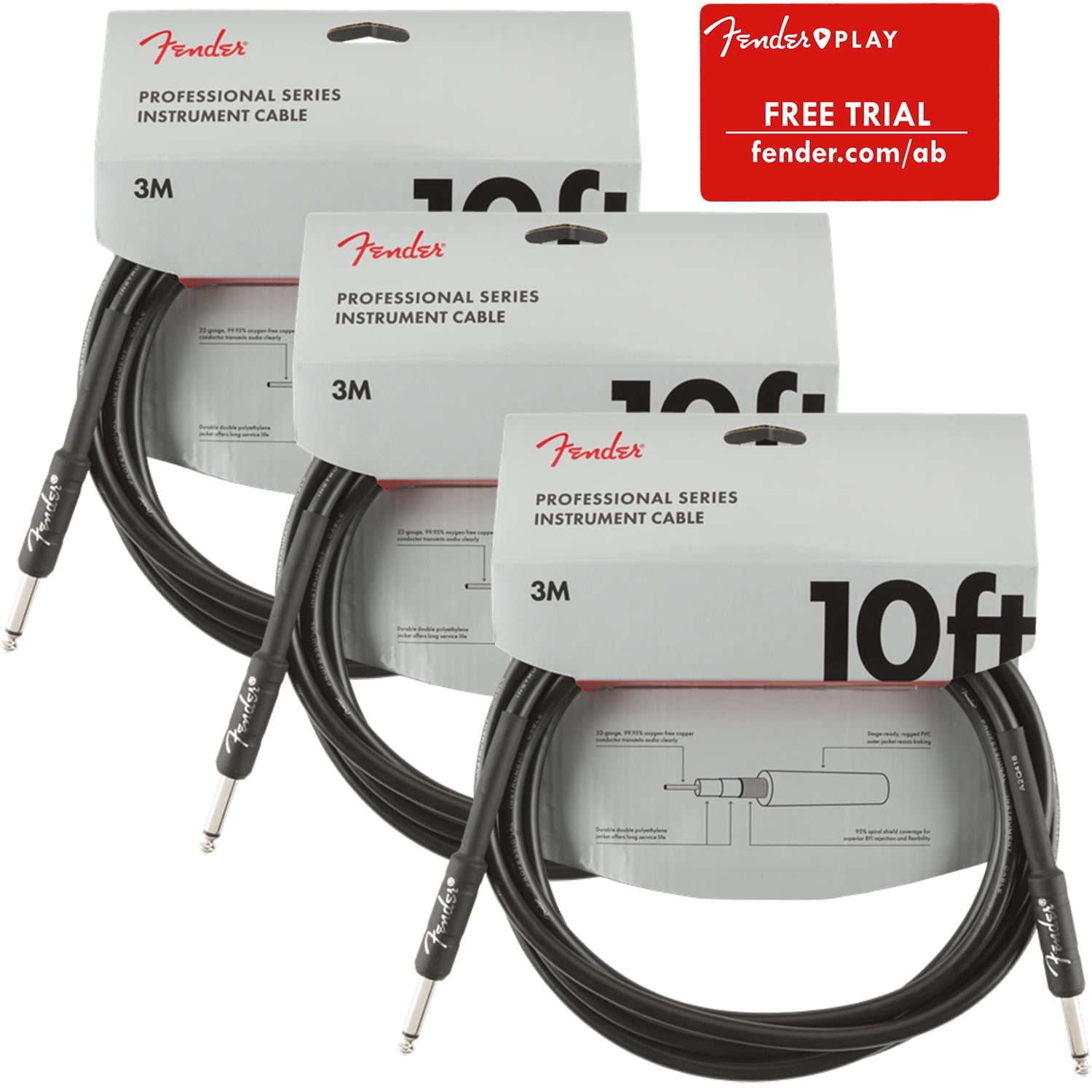 Fender 10-Foot Original Instrument Cable, Straight-Straight, Black - 3 Pack