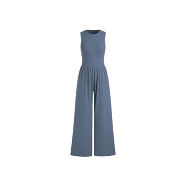 fengxih Jumpsuit for Women High Waist Overall Casual Solid Slim Fit Romper Crewneck Sleeveless Wide Leg Pants Playsuit