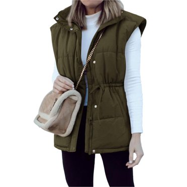 fengxih Women Puffer Waistcoats Fall Winter Down Vest Coats Stand Collar Sleeveless Jacket Zip Up Drawstring Tank Outerwear