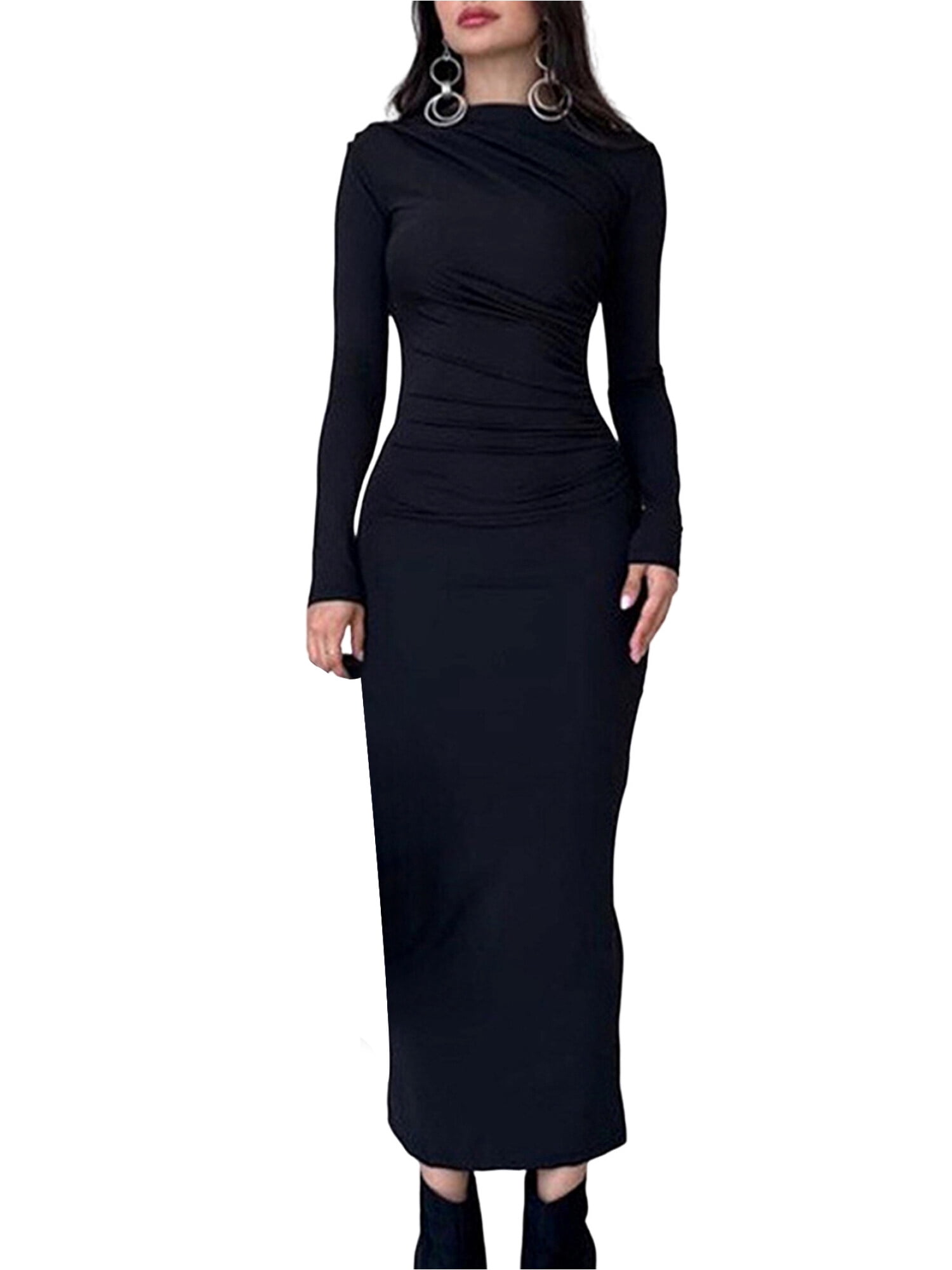 fengxih Women Ruched Bodycon Dress Solid Maxi Dress Long Sleeve ...