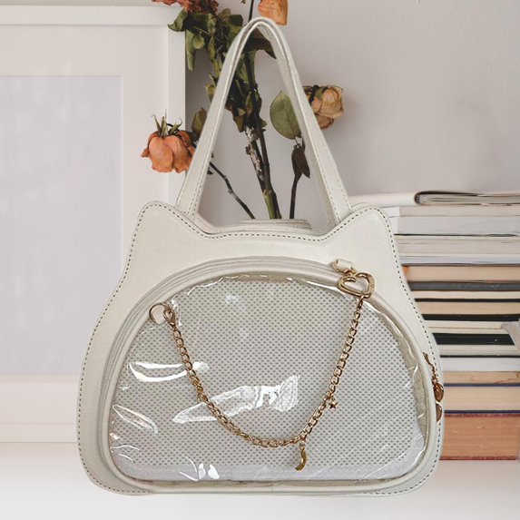 fenteer Cat Shape Shoulder Bag PU Leather Y2K Ita Bag for Ladies Women Birthday Gift White