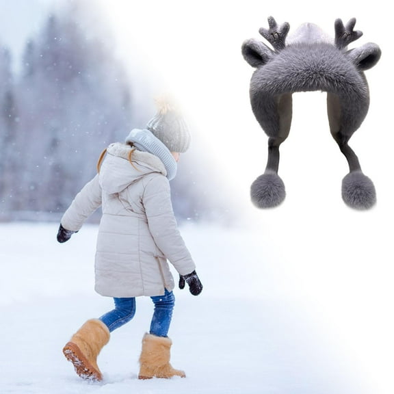 fenteer Women Antler Ears Hat Durable Plush Hat for Camping Shopping Outdoor Gray