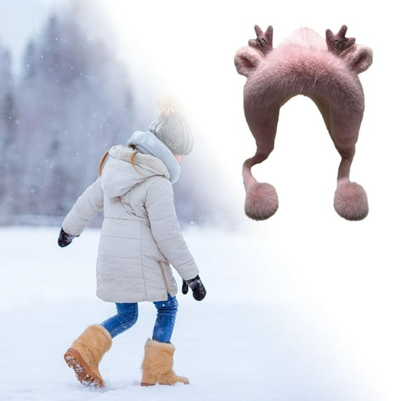 fenteer Women Antler Ears Hat Durable Plush Hat for Camping Shopping Outdoor Pink
