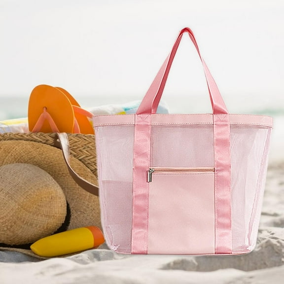 fenteer Women Beach Tote Casual Mesh Beach Tote Travel Bag Portable Shoulder Handbag Pink