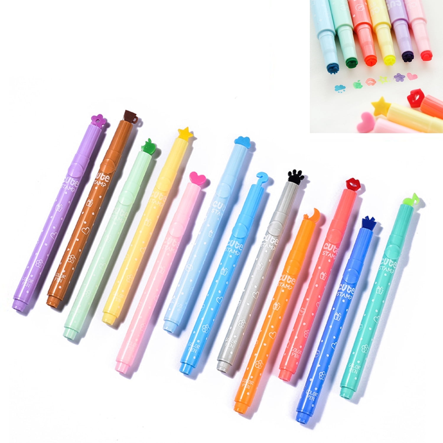 fenze 12 Pcs Cute Stamp Markers, Candy Color Creative Marking Pen Watercolor Pen Students Marker Assorted Love Star Bear Paw Music Cloud Kiss Shape, Perfect for Student, Office, 12 Color