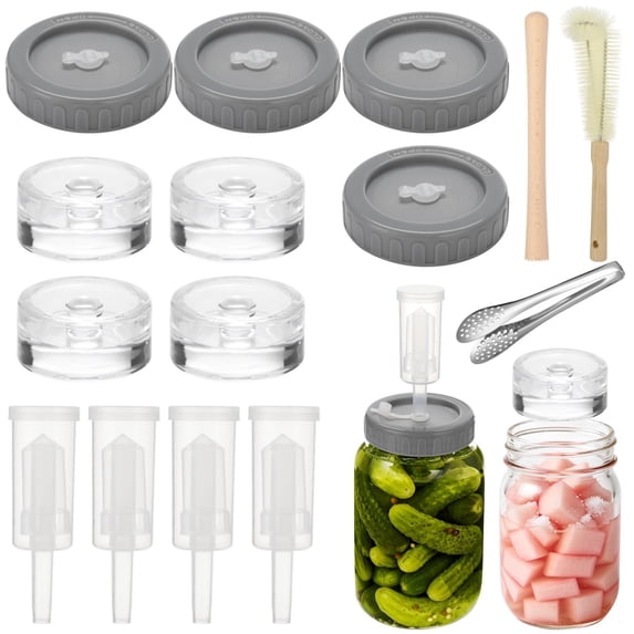 Fermentation Kit Accessories Set for Wide Mouth Jars, Includes 4 Pcs Plastic Lids with Airlocks, 4 Clear Glass Weights, Brush, Wooden Blending Stick, 7 in Stainless Tongs for Home Fermenting