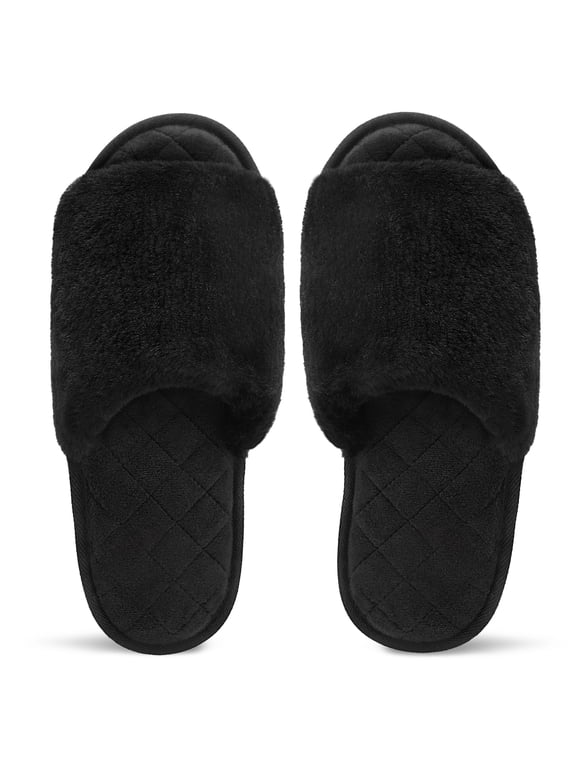 Womens Open Toe Slippers Cozy Memory Foam Indoor Bedroom Shoes Slip On House Slippers Black 9-10