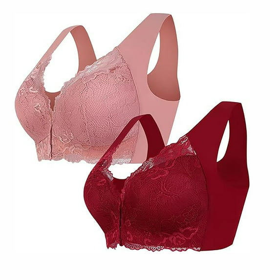 fheaev 2 Pack Front Closure Bras For Women Plus Size Full Coverage No Underwire Comfort Wireless Snap Closing Bra Convenient Everyday Bra Front Button Bras For Older Women Front Buckle Corset Bra