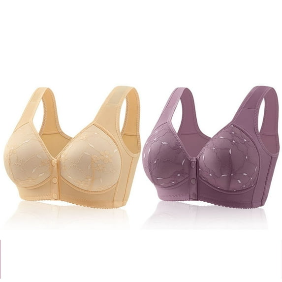 fheaev 2 Pack Front Closure Bras For Women Plus Size Full Coverage No Underwire Comfort Wireless Snap Closing Convenient Everyday Bra Front Button Bras Middle-Aged Older Women Front Buckle Corset Bra