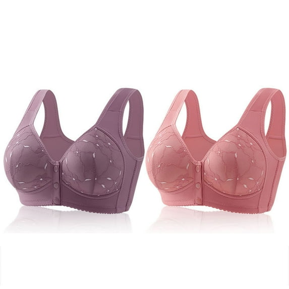 fheaev 2 Pack Front Closure Bras For Women Plus Size Full Coverage No Underwire Comfort Wireless Snap Closing Convenient Everyday Bra Front Button Bras Middle-Aged Older Women Front Buckle Corset Bra