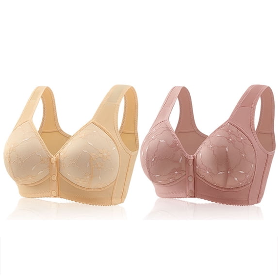 fheaev 2 Pack Front Closure Bras For Women Plus Size Full Coverage No Underwire Comfort Wireless Snap Closing Convenient Everyday Bra Front Button Bras Middle-Aged Older Women Front Buckle Corset Bra
