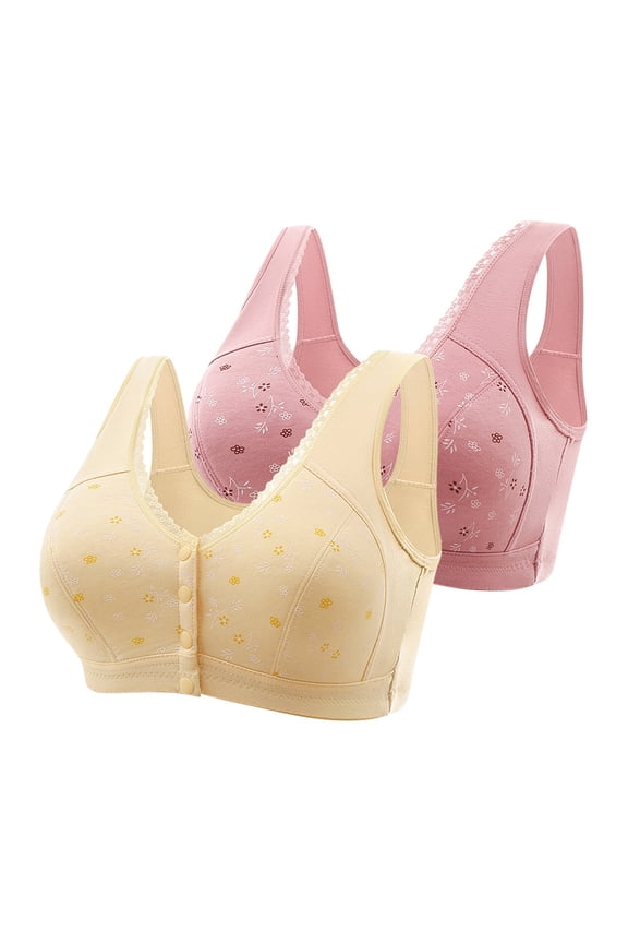 2 Pack Front Closure Bras For Women Plus Size Full Coverage No Underwire Comfort Wireless Snap Closing Convenient Everyday Bra Front Button Bras Middle-Aged Older Women Front Buckle Corset Bra
