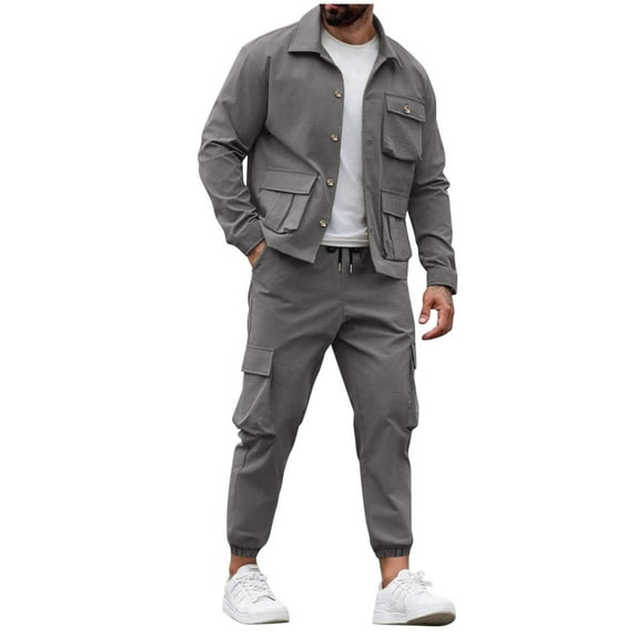 fheaev 2-Piece Outfits for Men Solid Color Casual Zipper Turndown Collar Set Cargo Pants with Pockets Jogger Sweatsuit for Sports Lounging Men'S Tracksuits