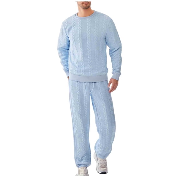 fheaev 2 Piece Outfits for Men Knit Pullover Sweatshirt Tracksuit Solid-Color Casual Loose Long Sleeve Round Neck Blouses Top Two-Piece Set