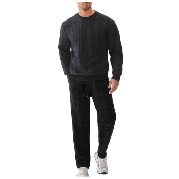 fheaev 2 Piece Outfits for Men Knit Pullover Sweatshirt Tracksuit Solid-Color Casual Loose Long Sleeve Round Neck Blouses Top Two-Piece Set