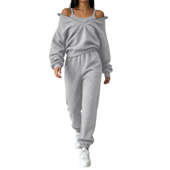 fheaev 2 Piece Outfits for Women Casual Half Zip Sweatshirt Jogger Sweatpants with Pockets Fall Winter Outfit Gray,XL