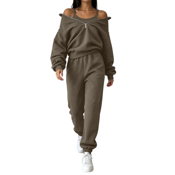 fheaev 2 Piece Outfits for Women Casual Half Zip Sweatshirt Jogger Sweatpants with Pockets Fall Winter Outfit Green,S