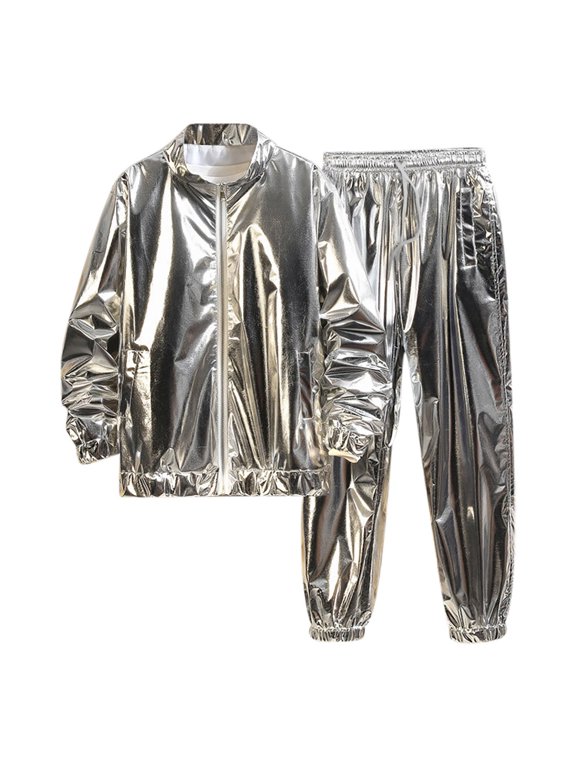 2-Piece Shiny Performance Suit for Men Loose Performance Straight Leg Trousers Costume Long Sleeved Stand Up Collar Top Shirt Set for Men Cosplay Party