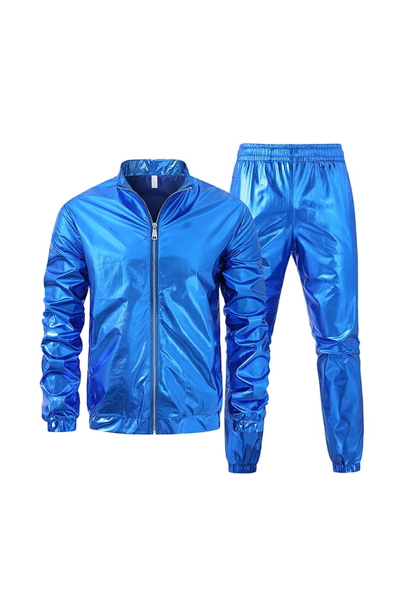 2-Piece Shiny Performance Suit for Men Loose Performance Straight Leg Trousers Costume Long Sleeved Stand Up Collar Top Shirt Set for Men Cosplay Party