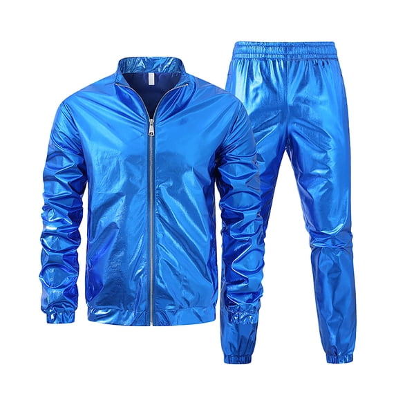 fheaev 2-Piece Shiny Performance Suit for Men Loose Performance Straight Leg Trousers Costume Long Sleeved Stand Up Collar Top Shirt Set for Men Cosplay Party