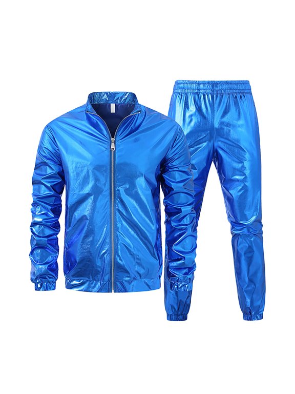 2-Piece Shiny Performance Suit for Men Loose Performance Straight Leg Trousers Costume Long Sleeved Stand Up Collar Top Shirt Set for Men Cosplay Party