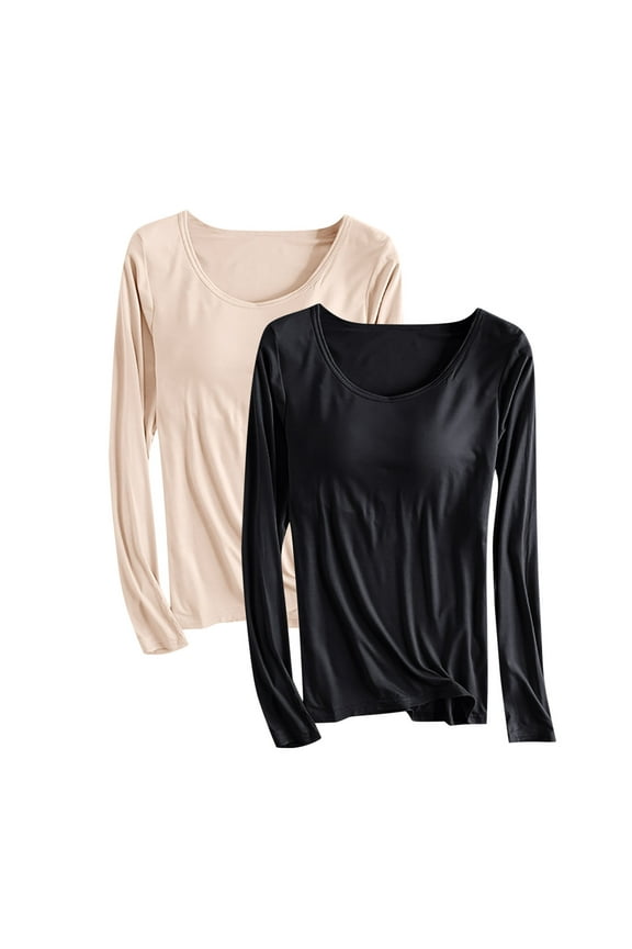 2Pc Undershirts Shirt for Women Solid Color Long Sleeve Shirt with Chest Tunics Tops Pullover Blouses Basic Tee Underwear Tops Fall Fashion Winter Clothing Outfits