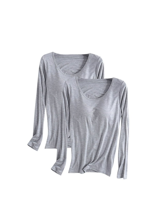 2Pc Undershirts Shirt for Women Solid Color Long Sleeve Shirt with Chest Tunics Tops Pullover Blouses Basic Tee Underwear Tops Fall Fashion Winter Clothing Outfits