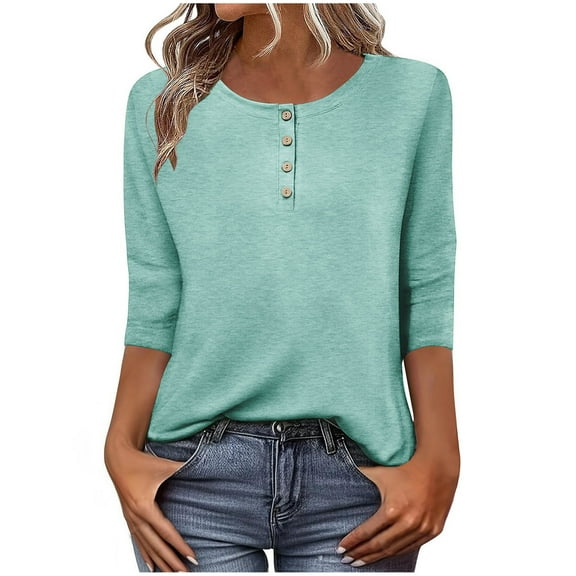 fheaev 3/4 Sleeve Henley Shirts for Women Crew Neck Basic Button T-Shirts Solid Loose Cute Tunic Tee Blouses Fit Pullover Top