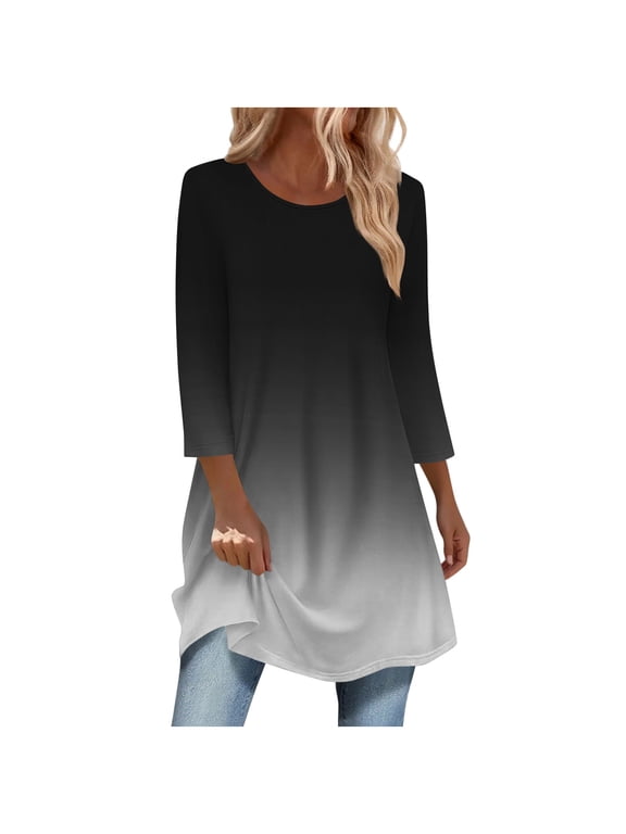 3/4 Sleeve Tunic Tops for Women Casual Plus Size Dressy Top To Wear with Leggings Swing Flare T-Shirt Loose Fit Blouses